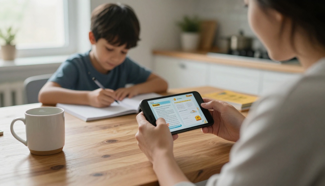 Parent reading a school handbook on a phone at a kitchen table