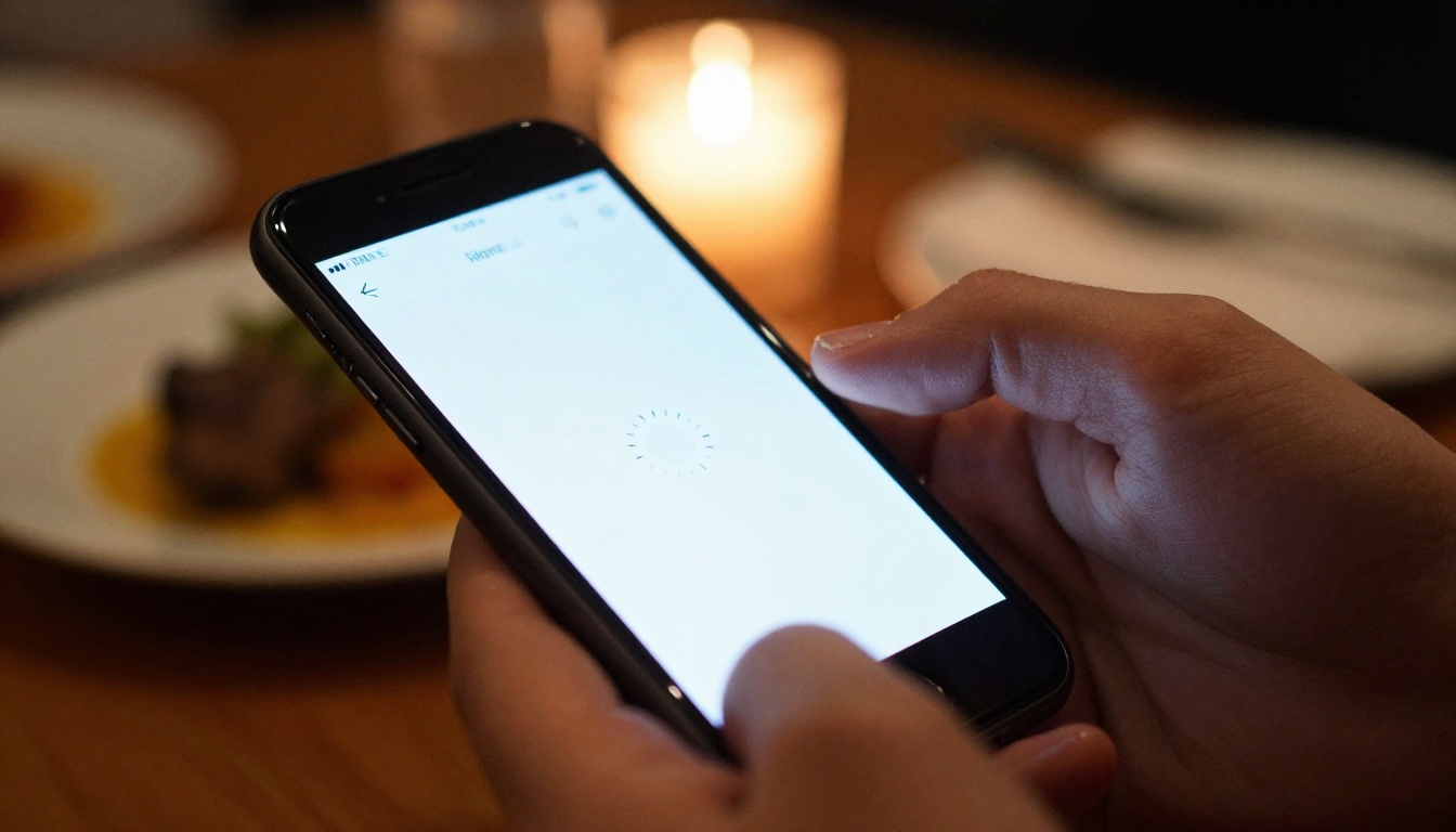 Hand holding a phone with a blank loading screen at a restaurant table Hand holding a phone with a blank loading screen at a restaurant table