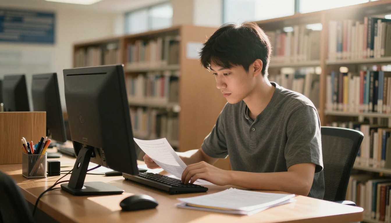 School librarian organizing digital files at a desktop computer