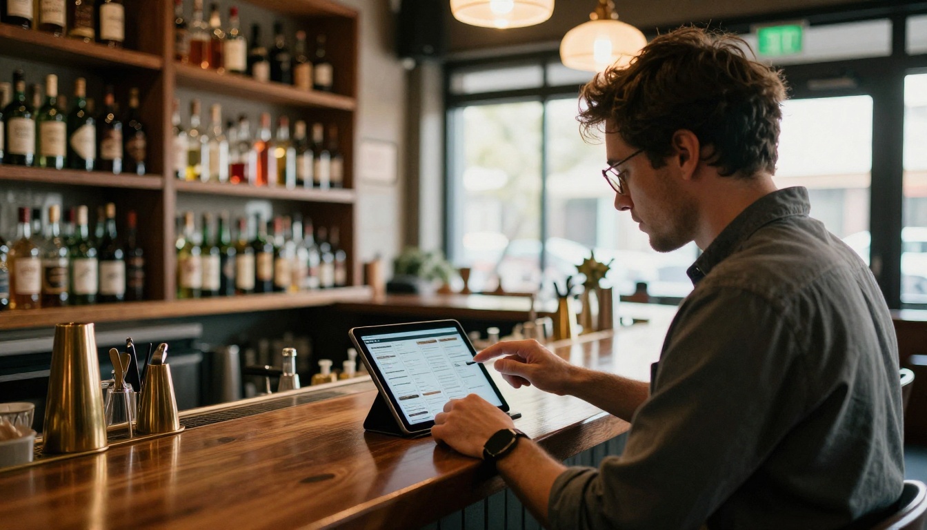 Restaurant owner checking a digital flipbook menu on a tablet Restaurant owner checking a digital flipbook menu on a tablet