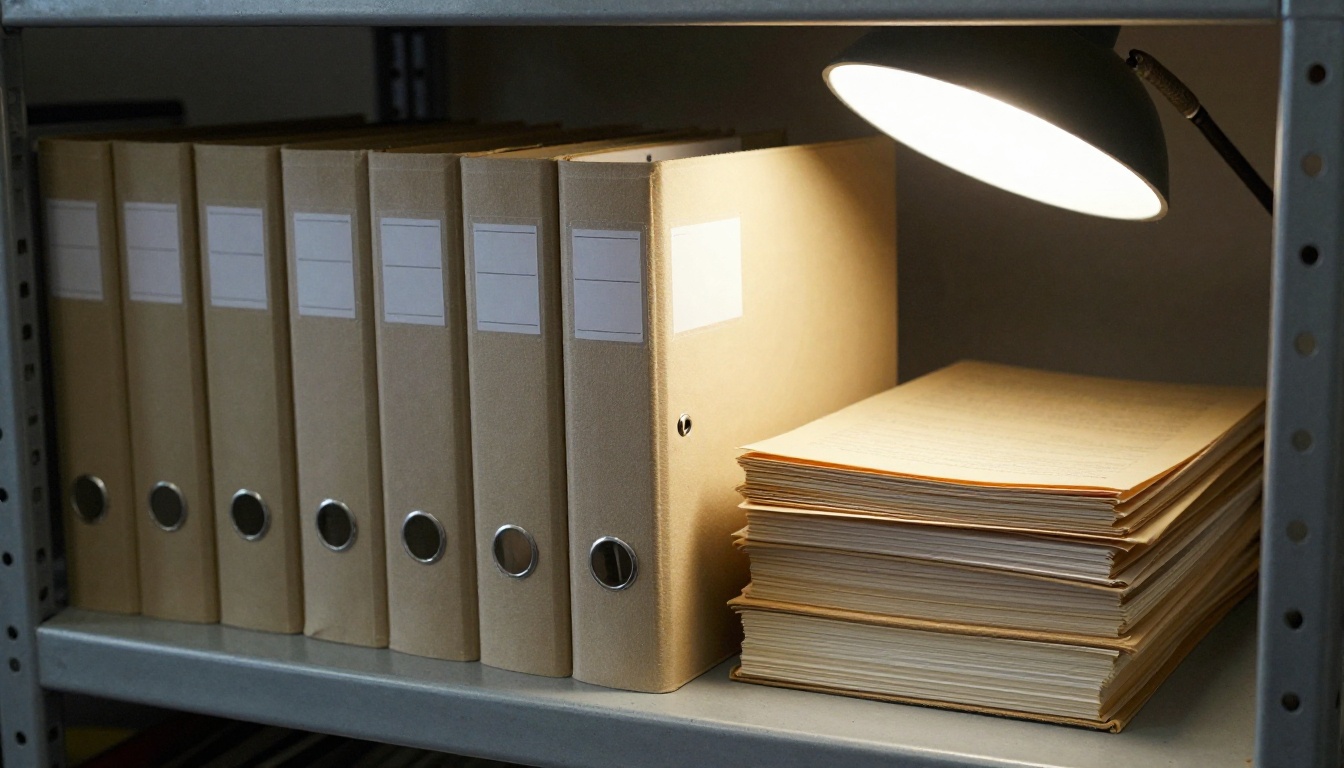 Records room shelves with archived council minutes binders