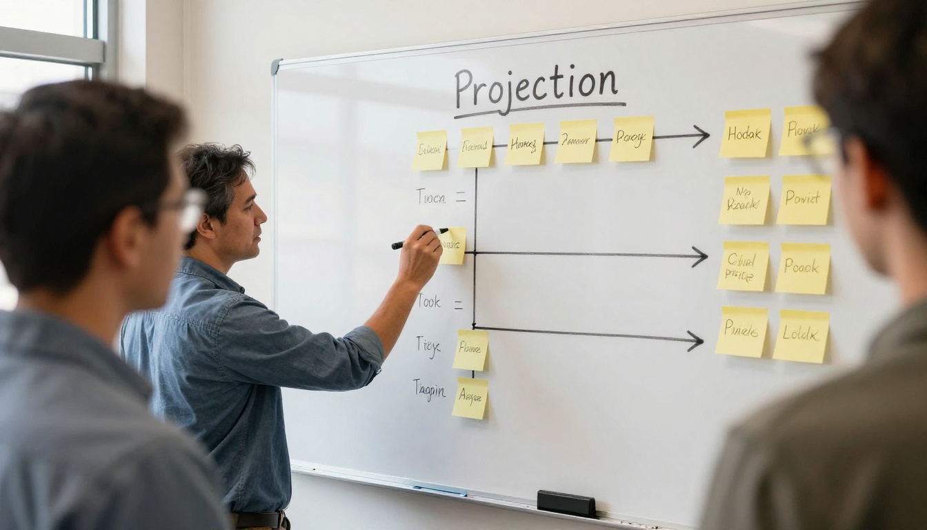 Superintendent at a whiteboard with a project timeline of sticky notes