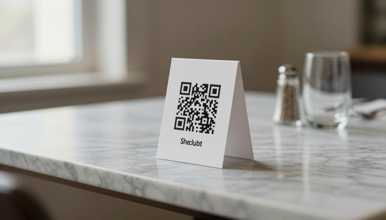Table tent with a QR code on a marble restaurant table Table tent with a QR code on a marble restaurant table