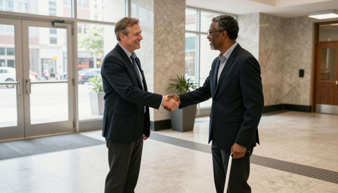 City manager shaking hands with a resident who uses a white cane in the city hall lobby