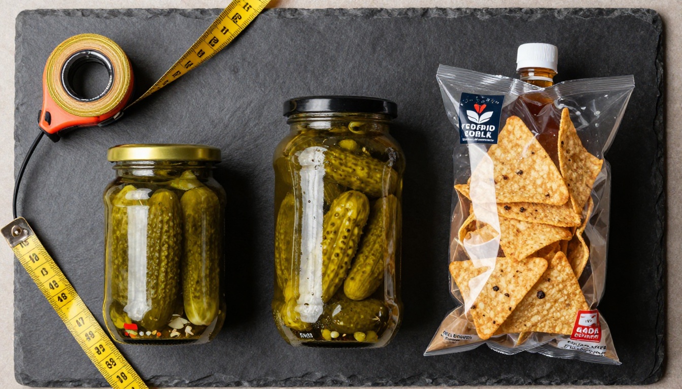 Flat lay of packaged pickles, chips and cold brew with a tape measure and case label