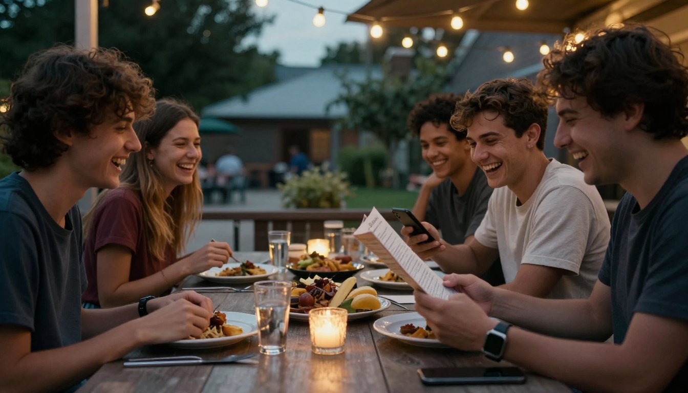 Friends at a patio table at dusk reading a menu on a phone Friends at a patio table at dusk reading a menu on a phone