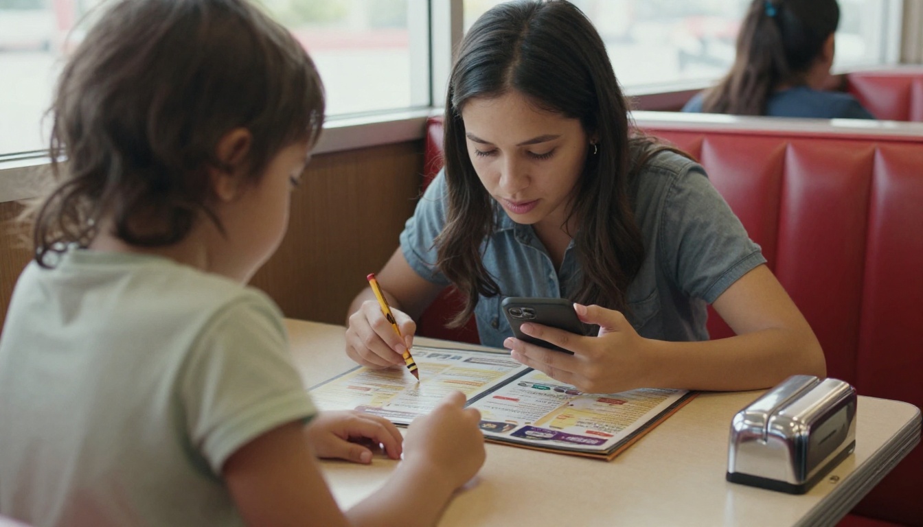 Parent with a toddler trying to use a phone and a menu in a booth Parent with a toddler trying to use a phone and a menu in a booth