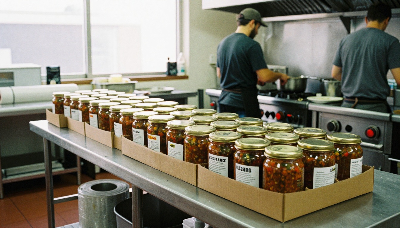 Two workers packing jars of salsa into cases in a small commercial kitchen