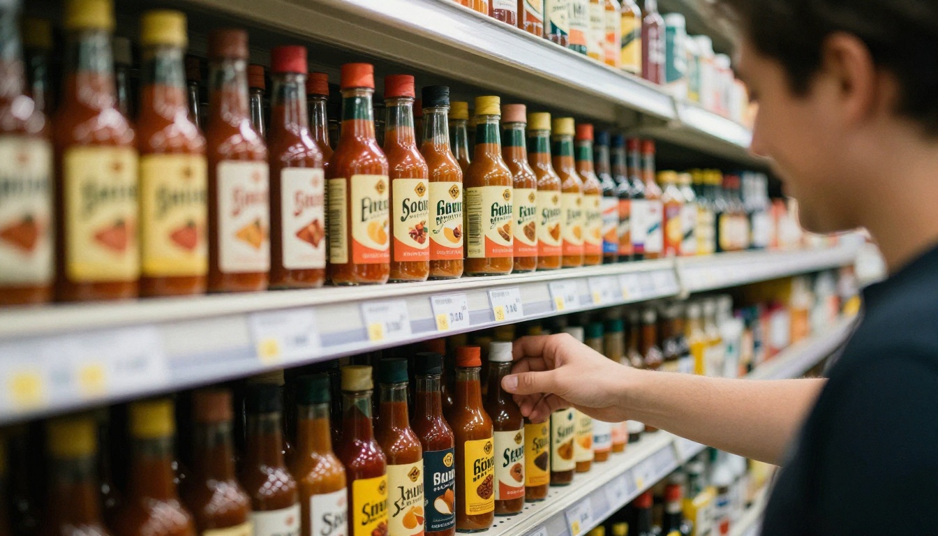Freshly stocked shelf of small-batch hot sauce bottles with a price tag