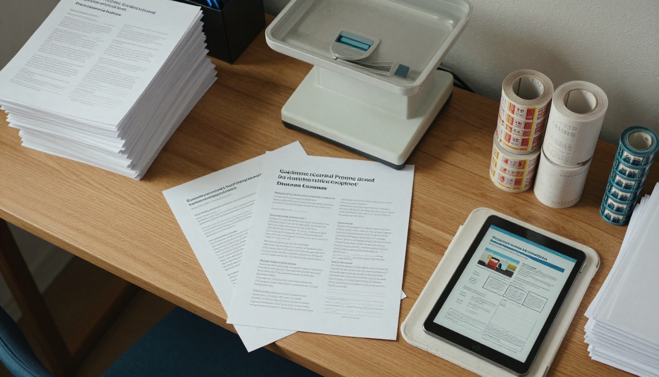 Aerial view of a desk with printed viewbooks, postage stamps and a tablet