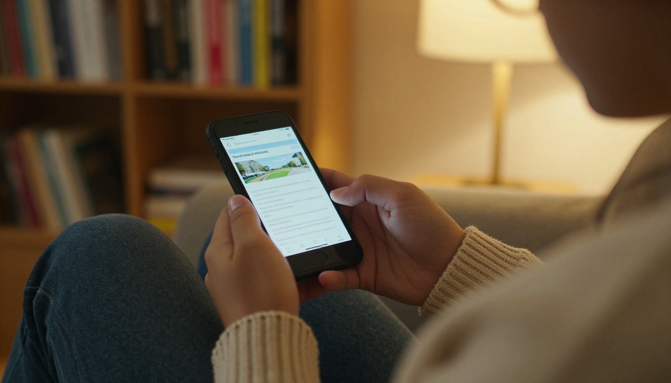 A teenager on a sofa reading a campus brochure on a smartphone