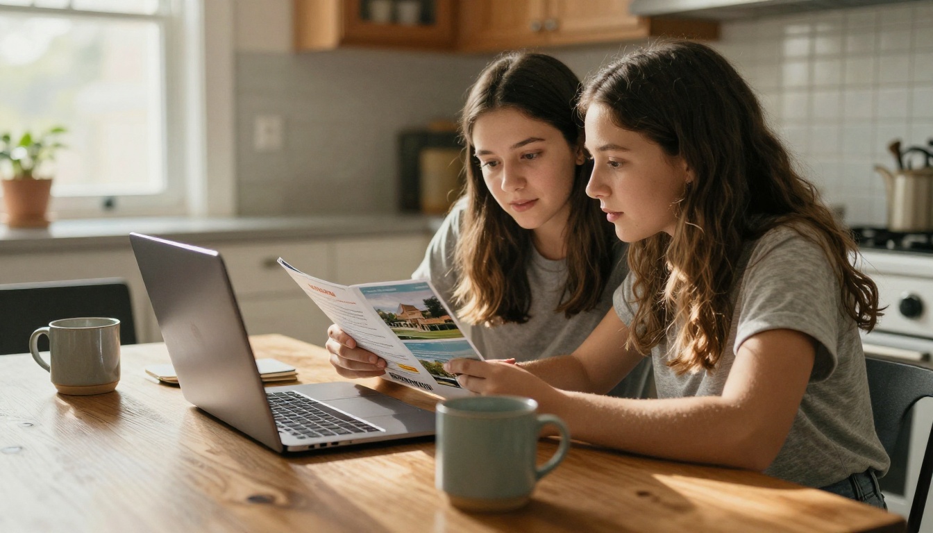 A parent and daughter at a kitchen table viewing a campus brochure on a laptop