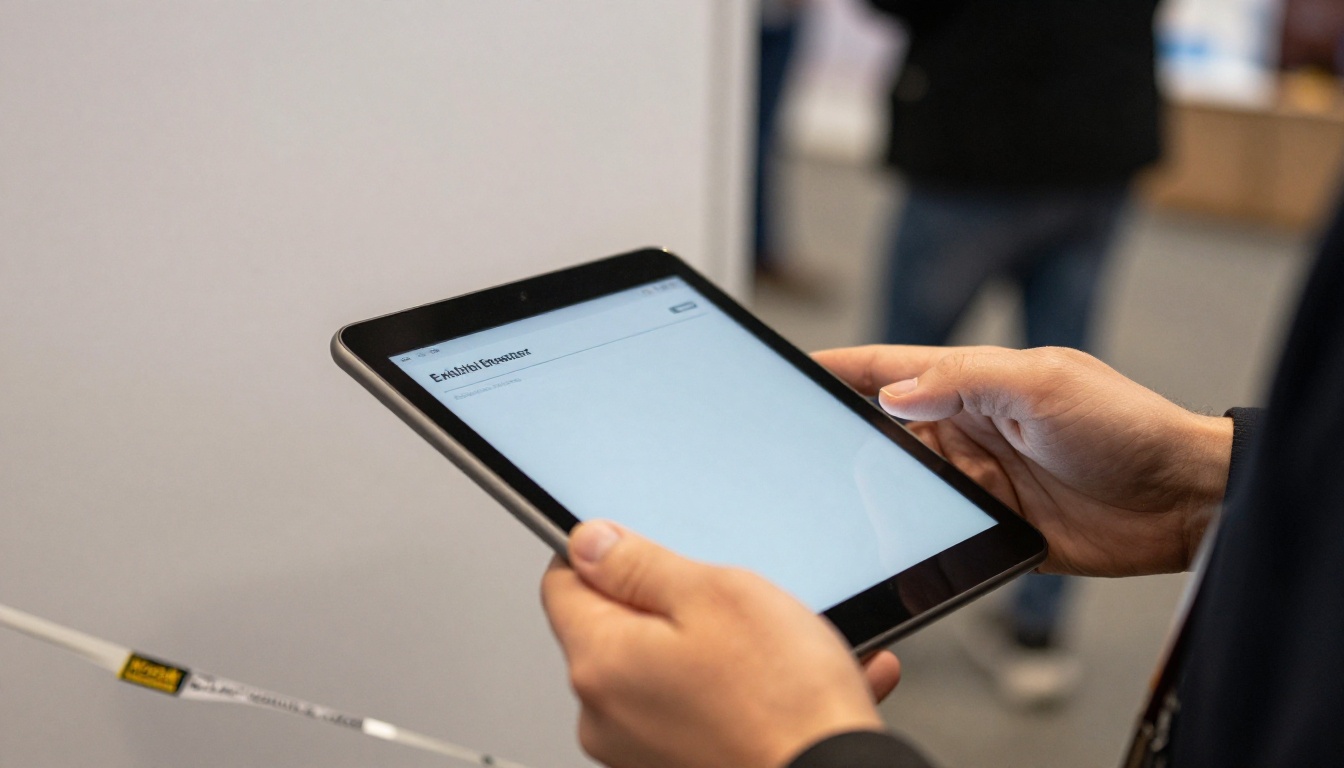 Exhibitor reading a manual on a tablet beside a taped booth space