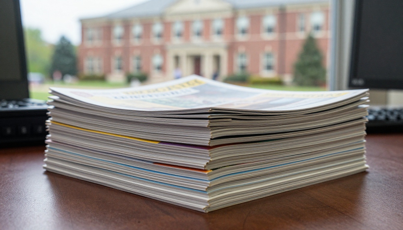 Stack of printed alumni magazines on a campus office desk Stack of printed alumni magazines on a campus office desk