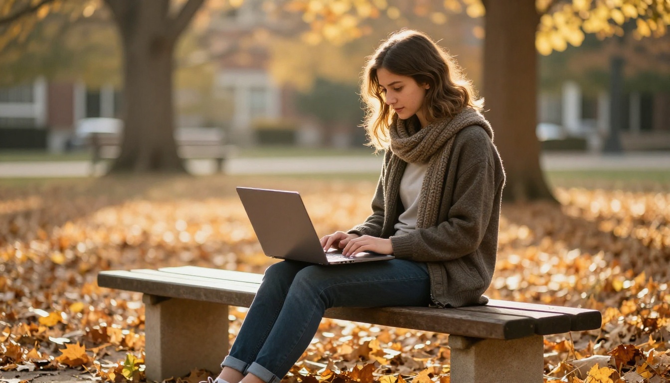 An international student using a laptop on a campus bench in autumn