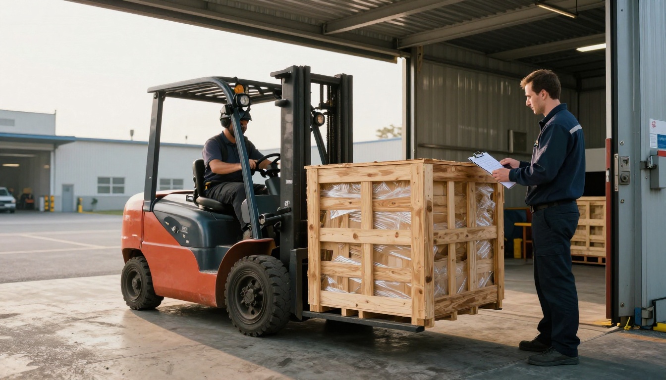 Forklift driver delivering a crate to a loading dock while a dock manager checks the schedule