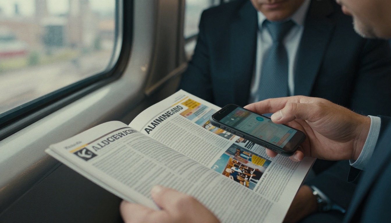 Alumnus reading an alumni magazine flipbook on a smartphone on a train Alumnus reading an alumni magazine flipbook on a smartphone on a train