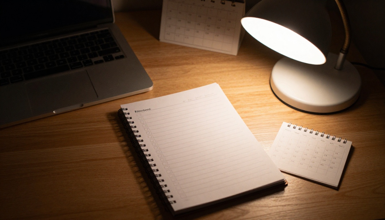 A tidy desk at dusk with a laptop, checklist and calendar
