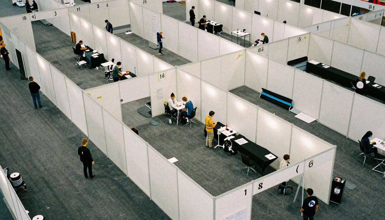 Aerial view of a trade show floor with taped booth outlines and numbered aisles