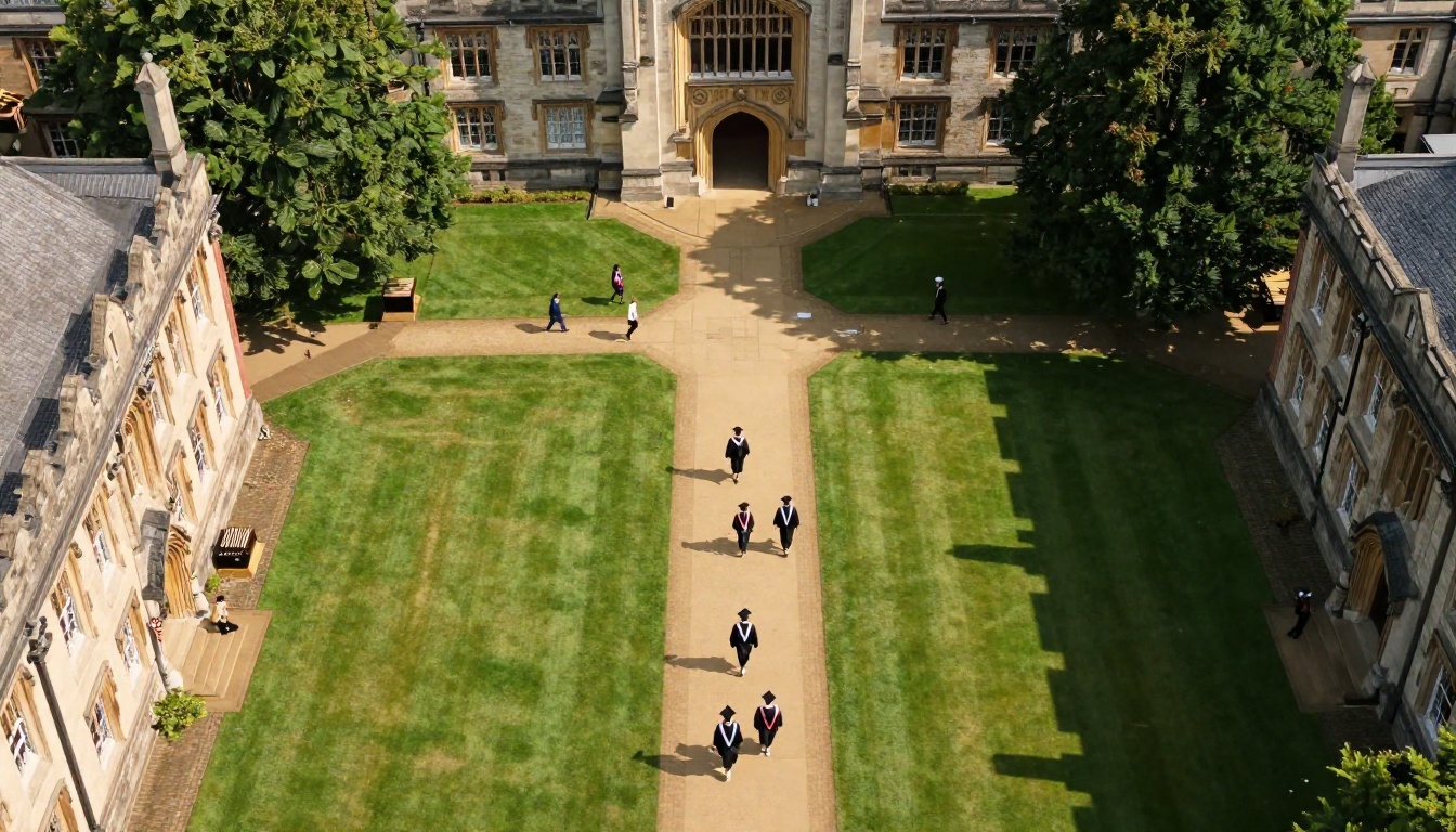 Graduates in caps and gowns crossing a campus quad from above Graduates in caps and gowns crossing a campus quad from above