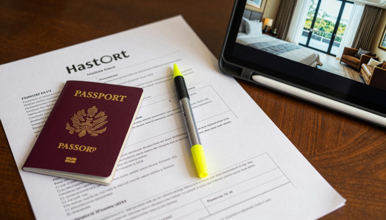 Travel agent desk with a printed hotel fact sheet, passport, and laptop
