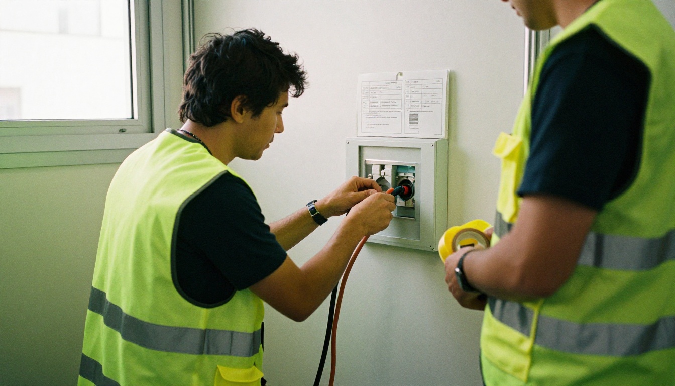 Electrician connecting a cable to a floor box at a booth