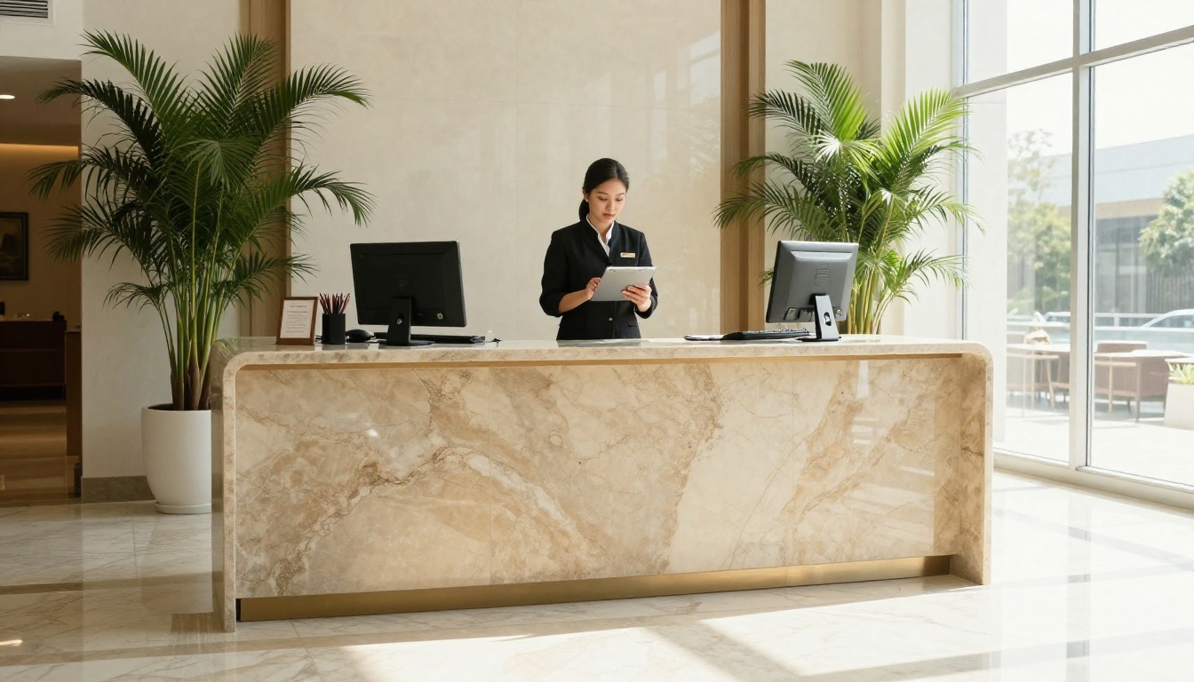 Hotel sales manager holding a tablet in a bright modern lobby