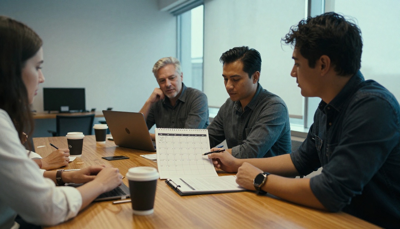 Show organizer team reviewing a deadline calendar around a table