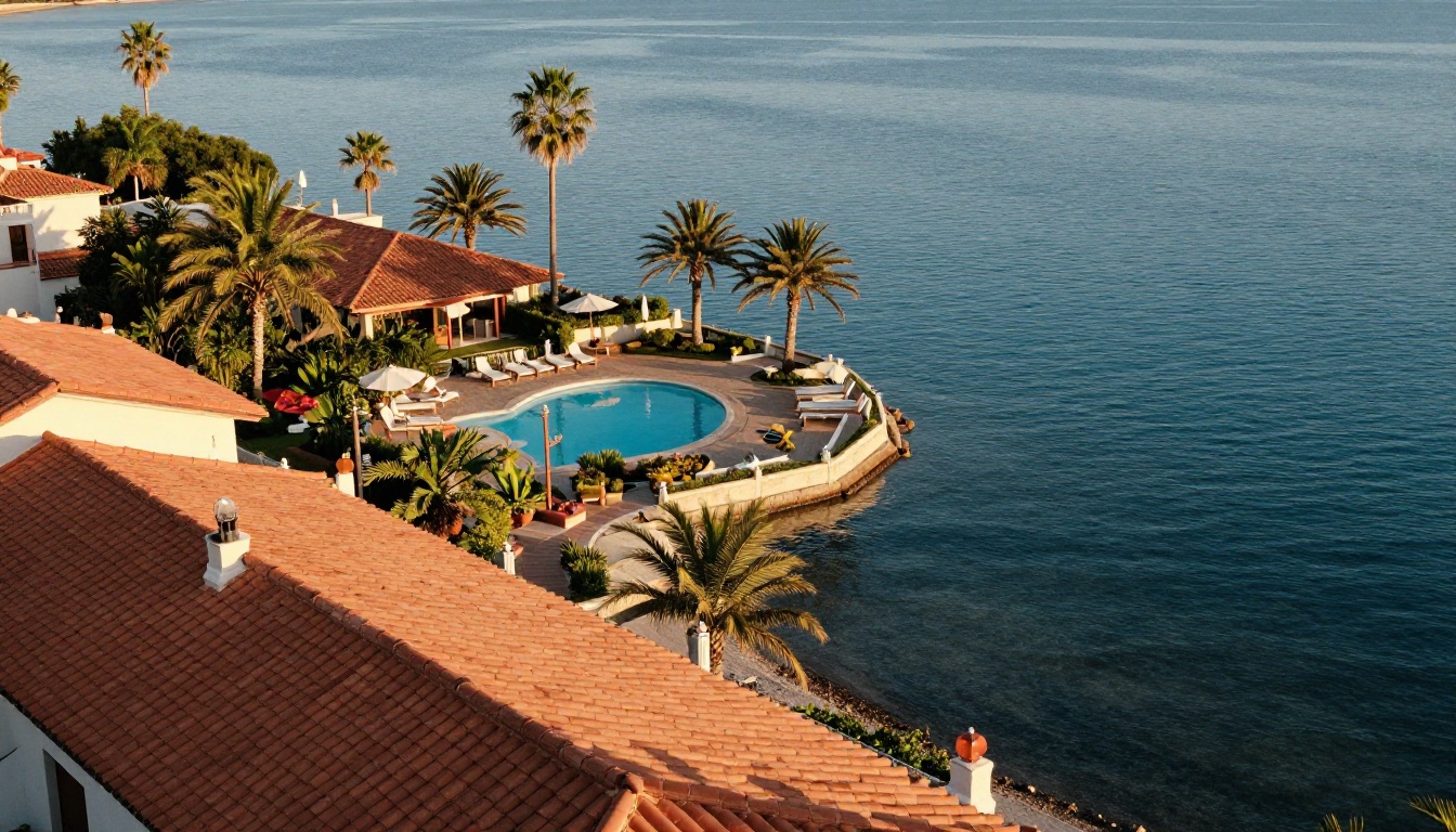 Aerial view of a seaside resort with terracotta rooftops and a pool
