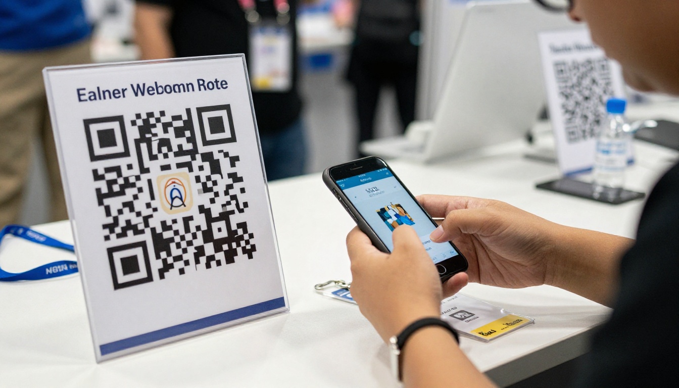 Exhibitor scanning a QR code at the registration desk with a smartphone