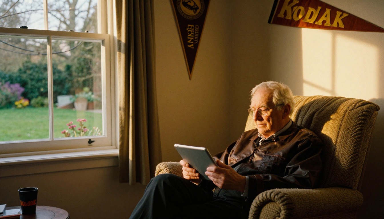 Retired alumnus reading a tablet in an armchair Retired alumnus reading a tablet in an armchair