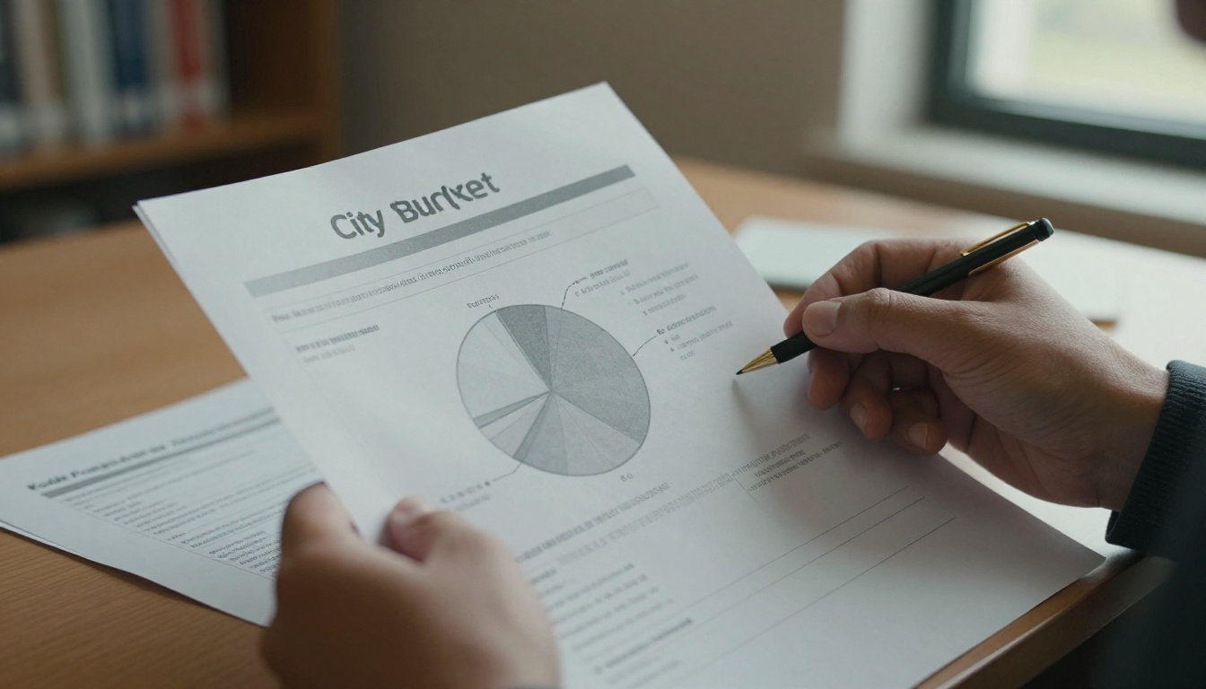 A resident reading a printed city budget summary with a pie chart