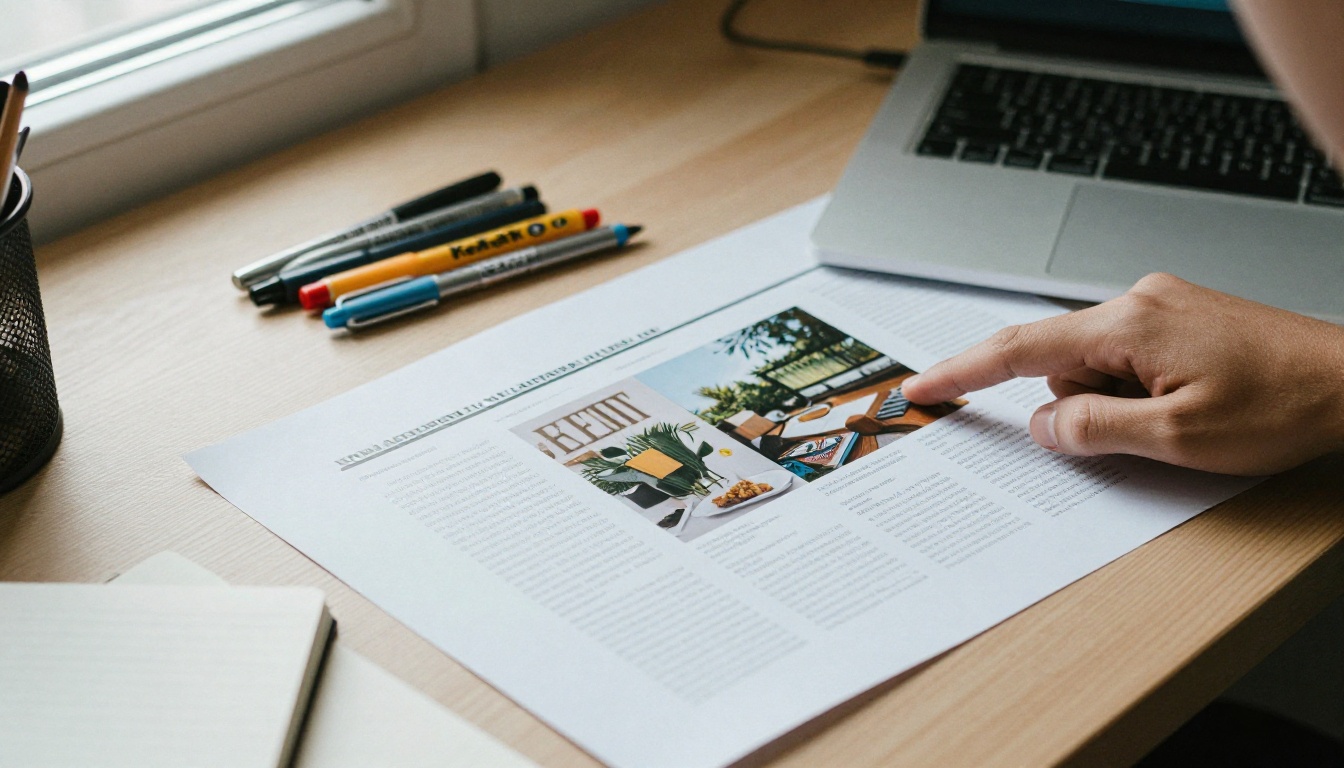 Designer desk with laptop showing a magazine page layout Designer desk with laptop showing a magazine page layout