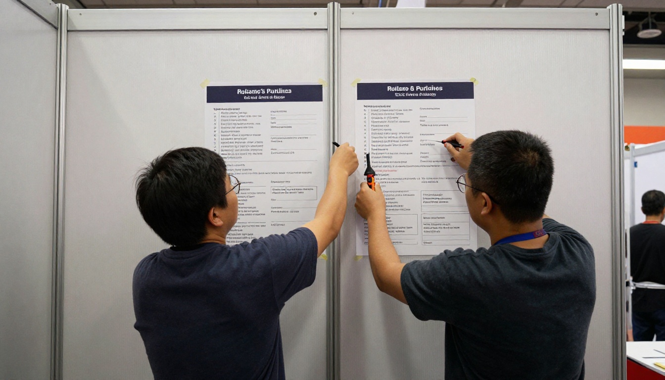 Two exhibitors assembling a modular booth wall next to a printed checklist