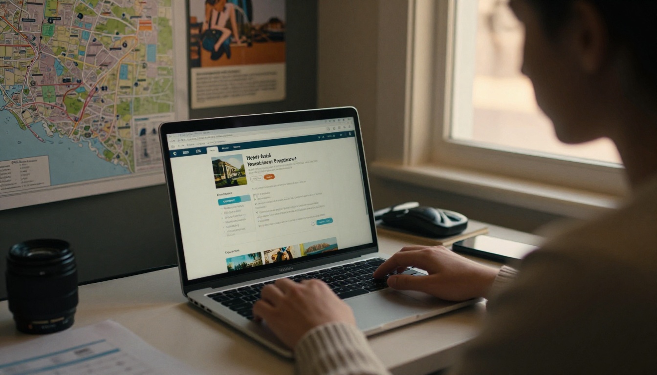 Travel agent reading a hotel digital flipbook on a laptop