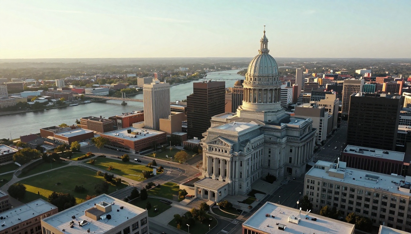 Aerial view of a mid-sized city with river, parks and city hall