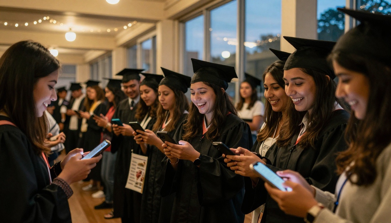 Group of alumni at a reunion holding smartphones and a magazine Group of alumni at a reunion holding smartphones and a magazine