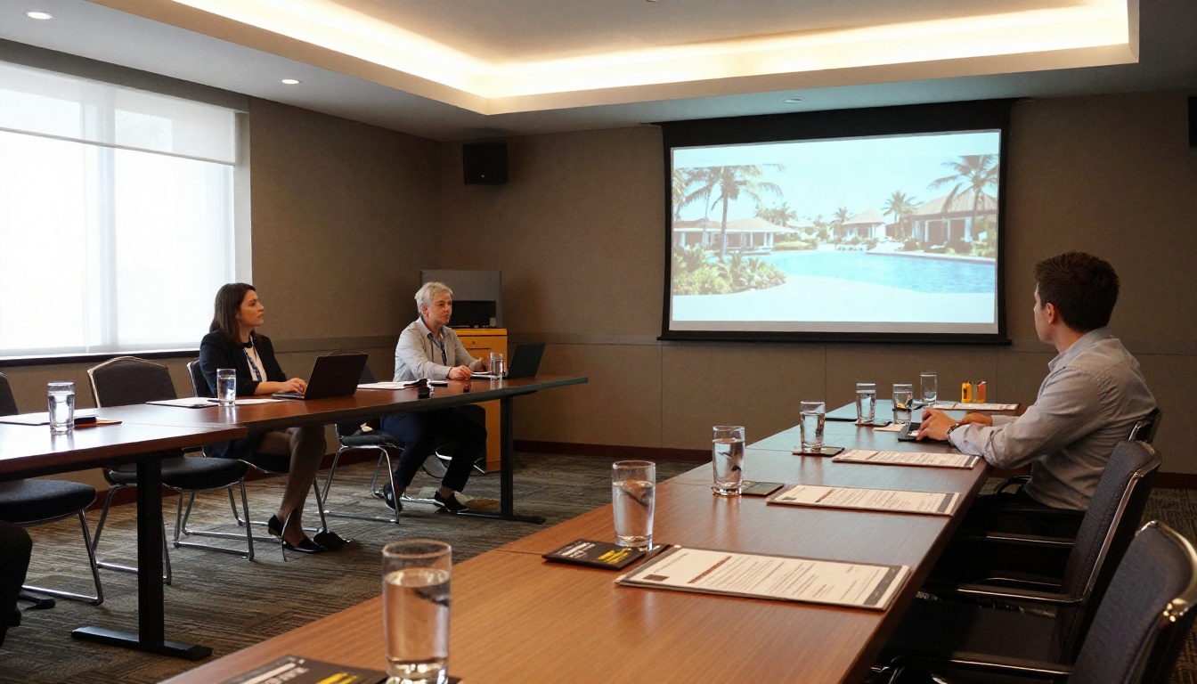 Hotel meeting room set for a trade presentation with printed fact sheets