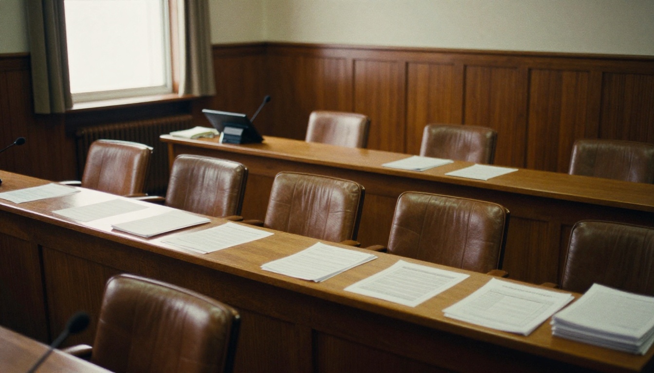 Council chamber with wooden dais and financial packets