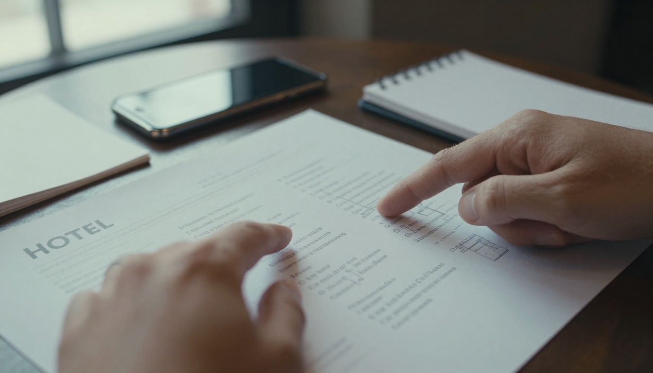 Hands pointing at a hotel fact sheet showing room types and a floor plan