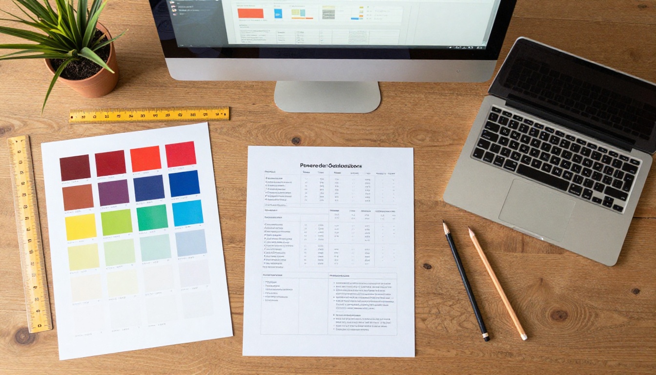 Overhead view of report design workspace with swatches and layout grid