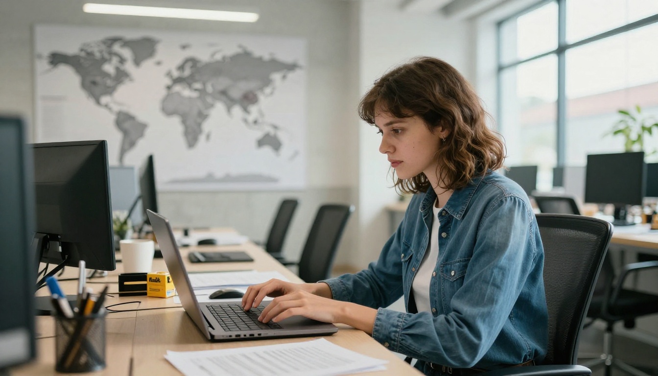 Young alumna working on a laptop in a co-working space overseas Young alumna working on a laptop in a co-working space overseas