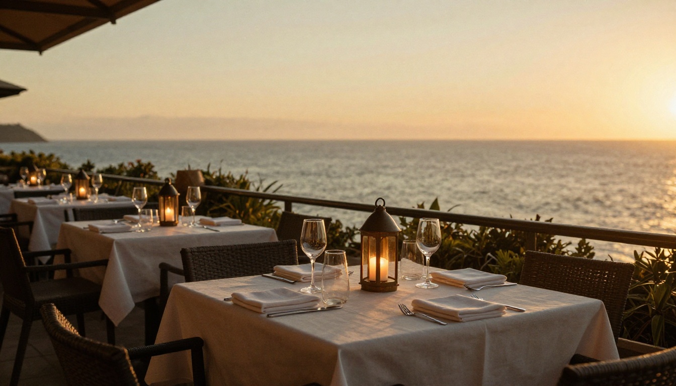Hotel restaurant terrace with set tables at sunset