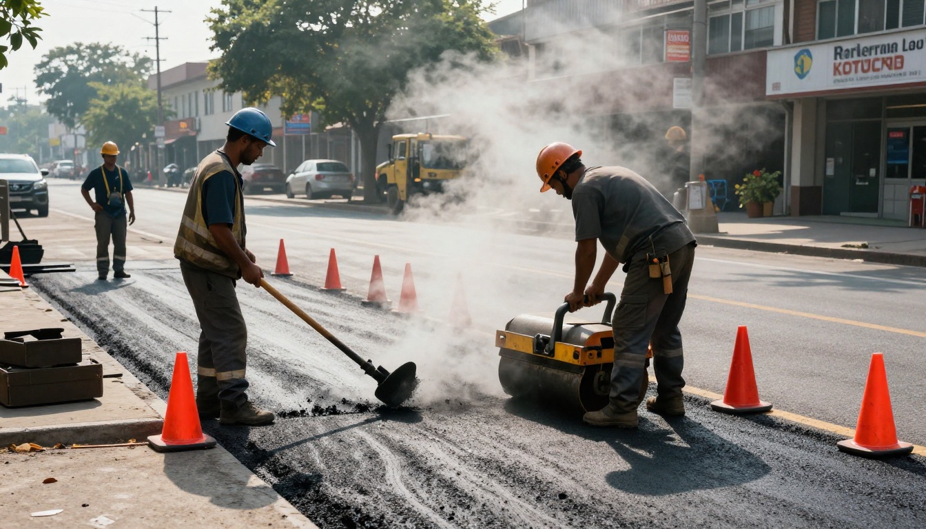 Public works crew repaving a city street