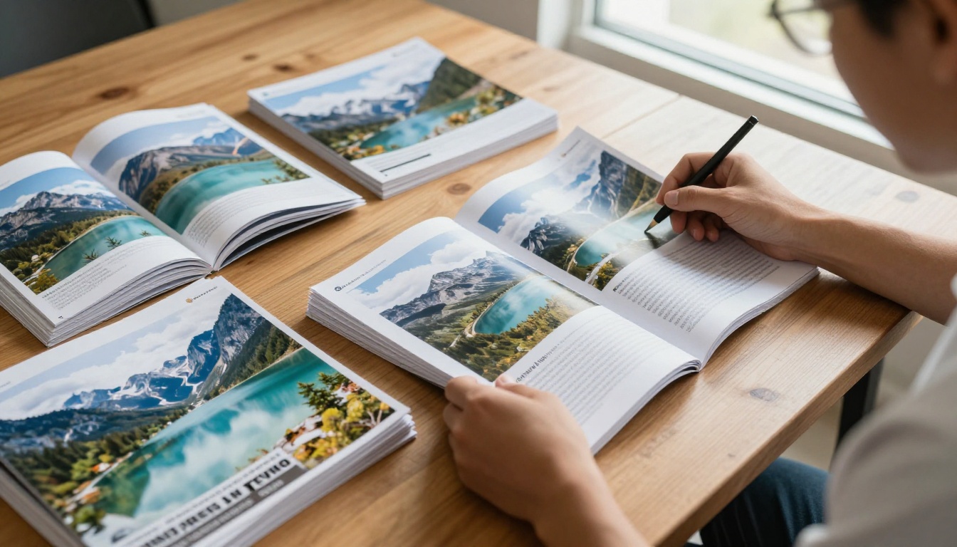 Visitor magazine proofs spread across a wooden table