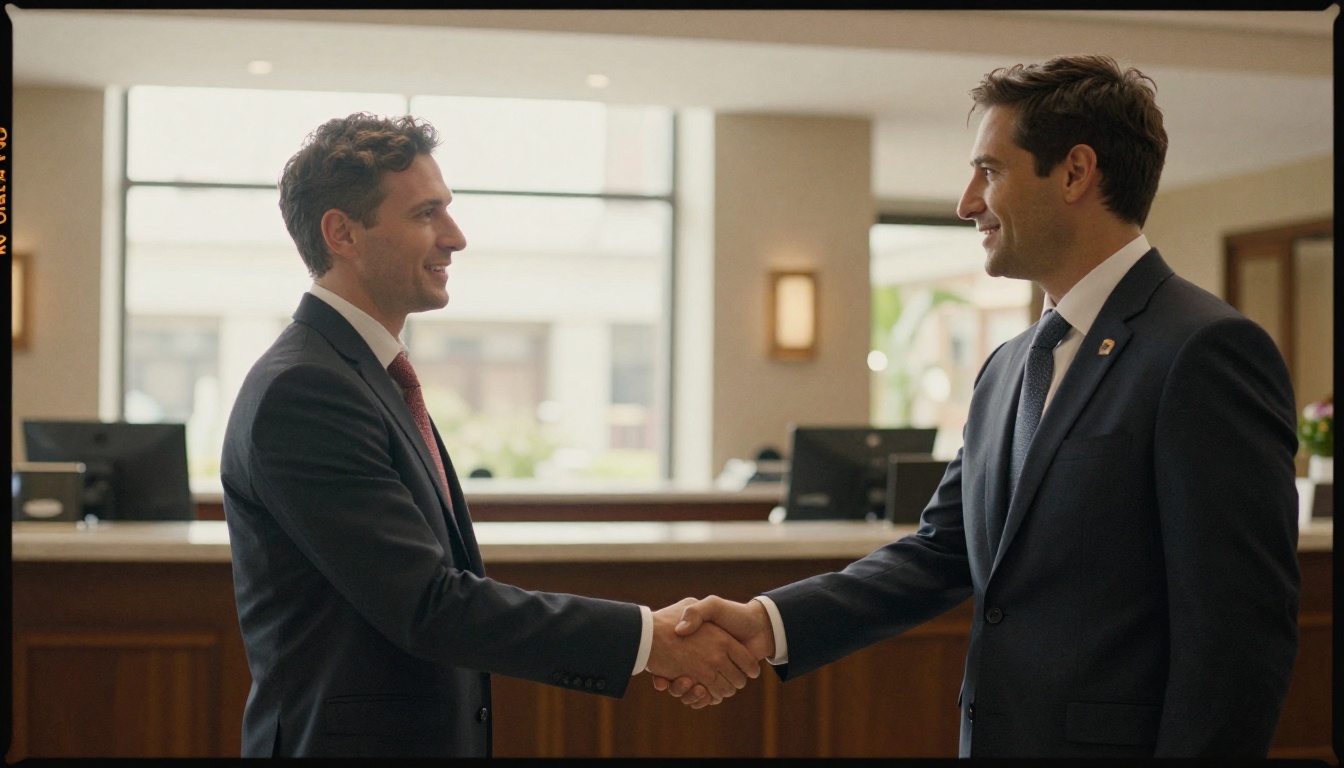 Hotel sales director and travel agent shaking hands in a sunny atrium