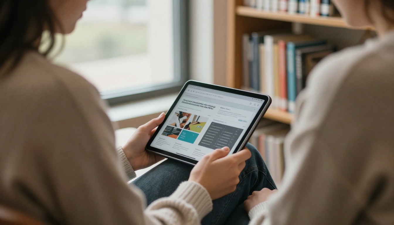 Person reading a digital report on a tablet in a community library