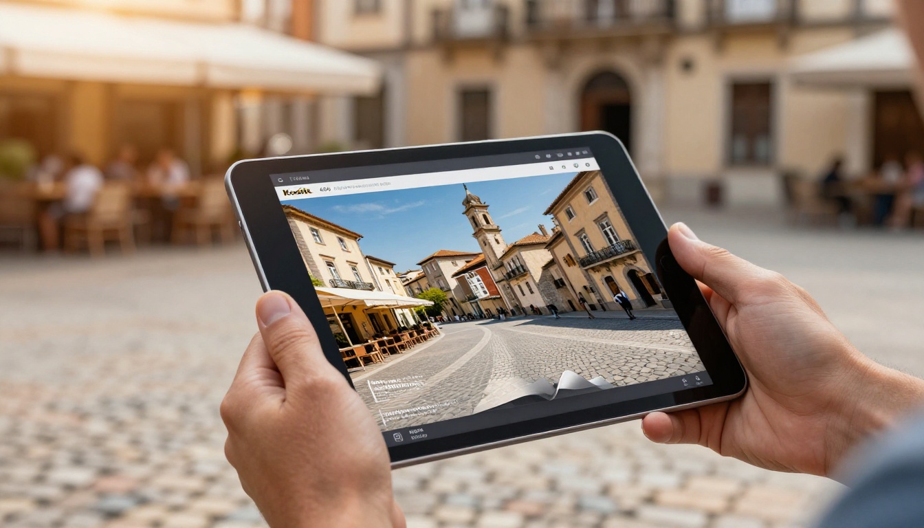 Traveler reading a digital destination magazine on a tablet in a sunny square