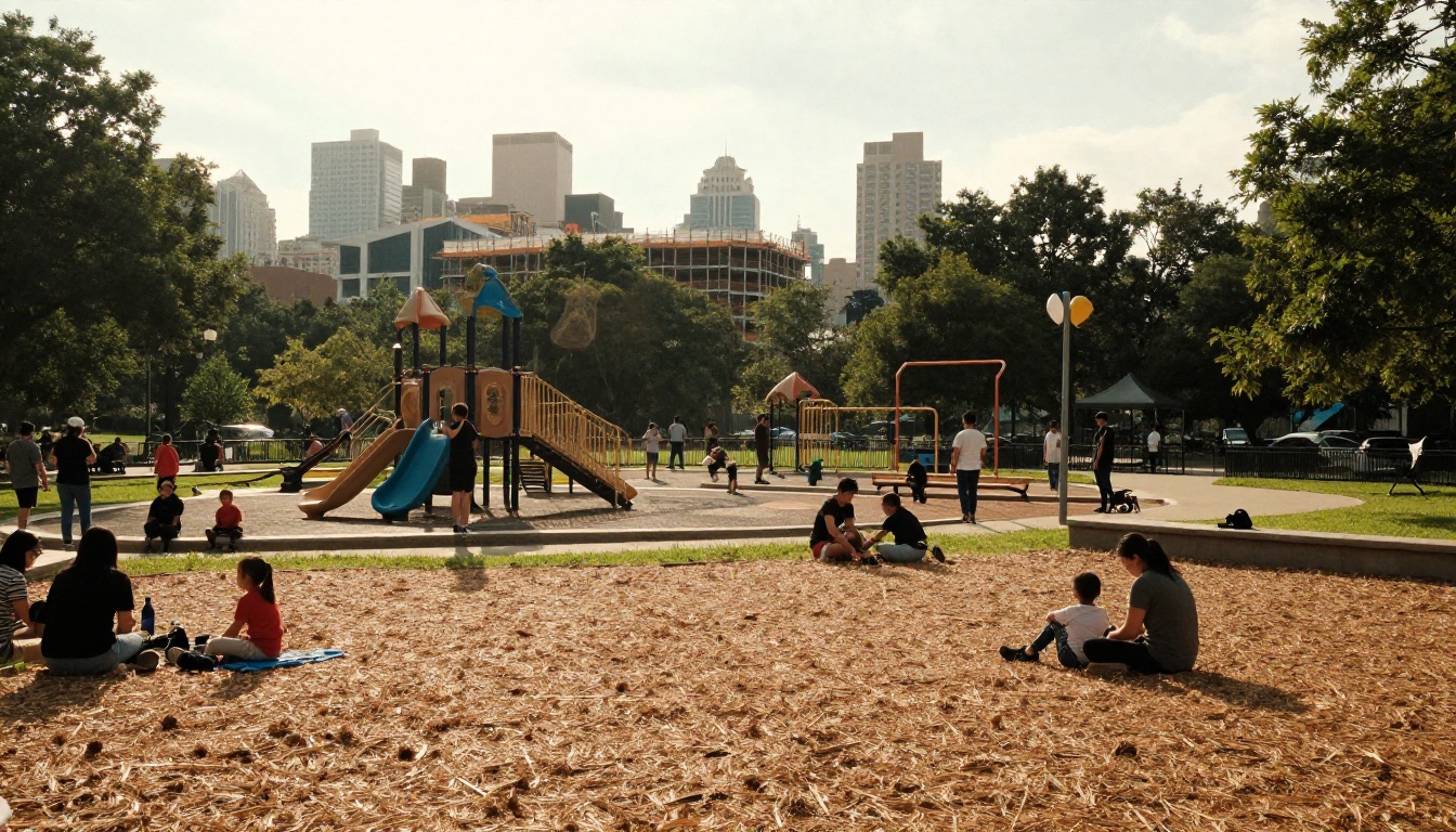 City park with families and a community center under construction