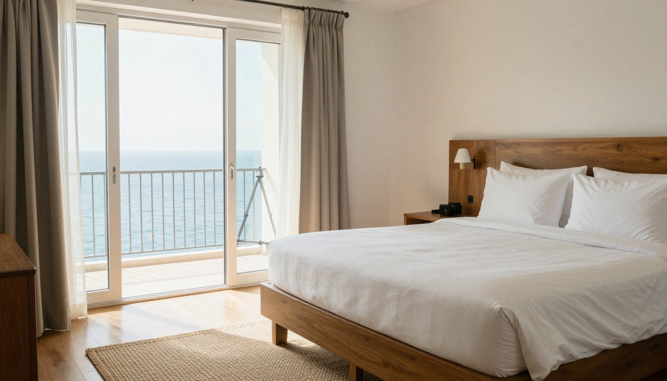 Bright hotel guest room with white linens and a balcony facing the sea